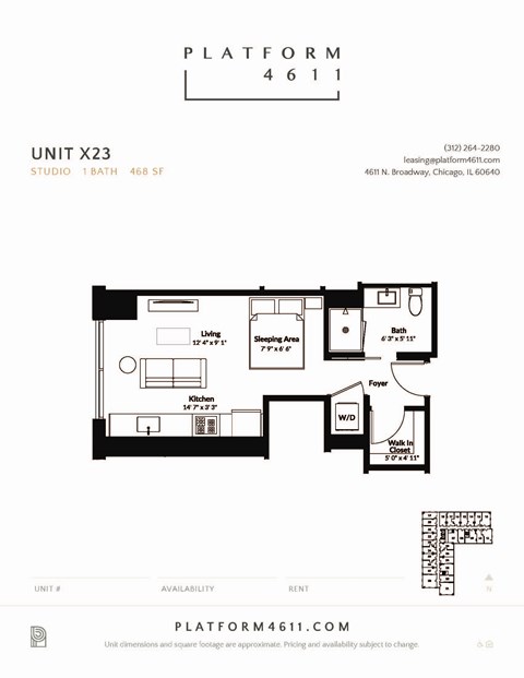 Floor plan for studio, 1 bath, 423 sqft